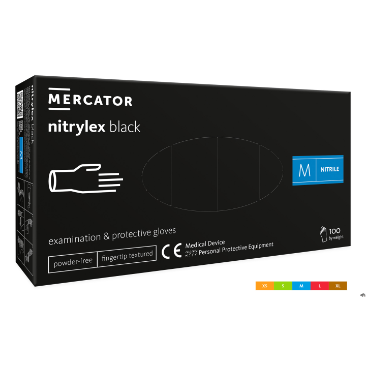 Rękawice nitrylowe bezpudrowe diagnostyczne MERCATOR, nitrylex black, (100 szt.), rozmiar XL, czarne