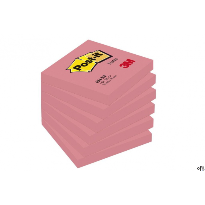 Bloczek samoprzylepny POST-IT (654-PNK), 76x76mm, (6szt) 1x100 kartek, jaskrawy różowy