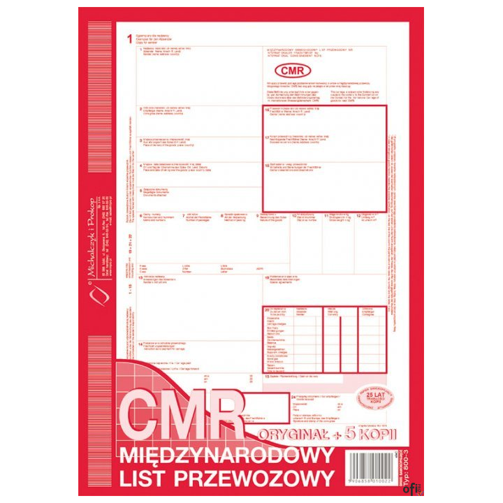 800-3N CMR A4 78kartek 1+5 numerowany międzynarodowy list przewozowy M&P