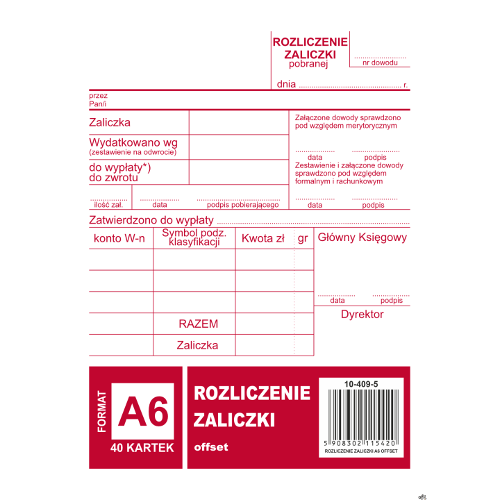 Rozliczenie zaliczki A6, 40 kartek offset, 10-409-5 DOTTS