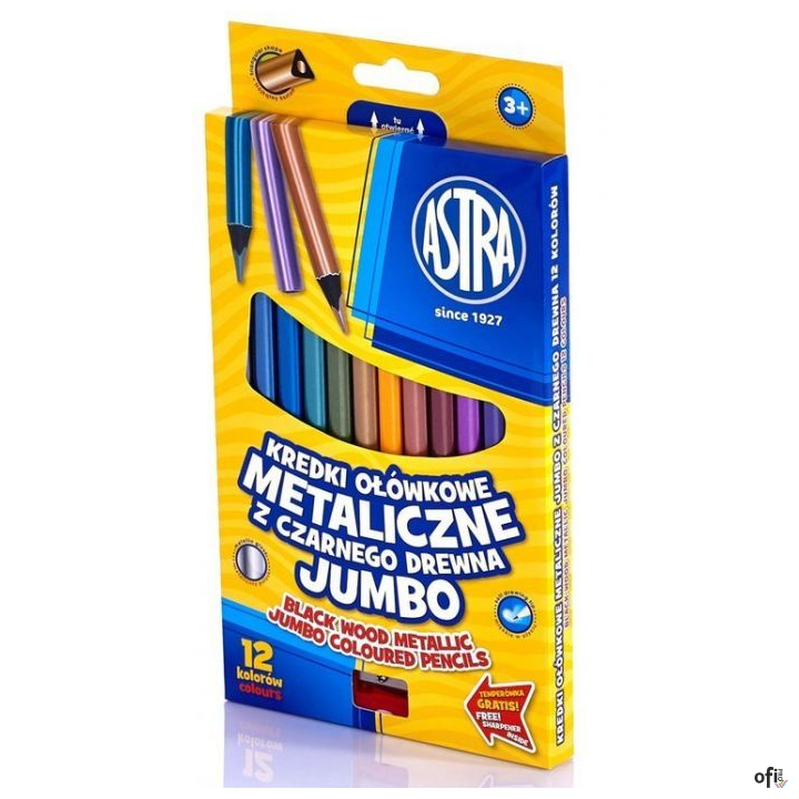 Kredki ołówkowe trójkątne metaliczne jumbo - 12 kolorów z temperówką ASTRA, 312114003