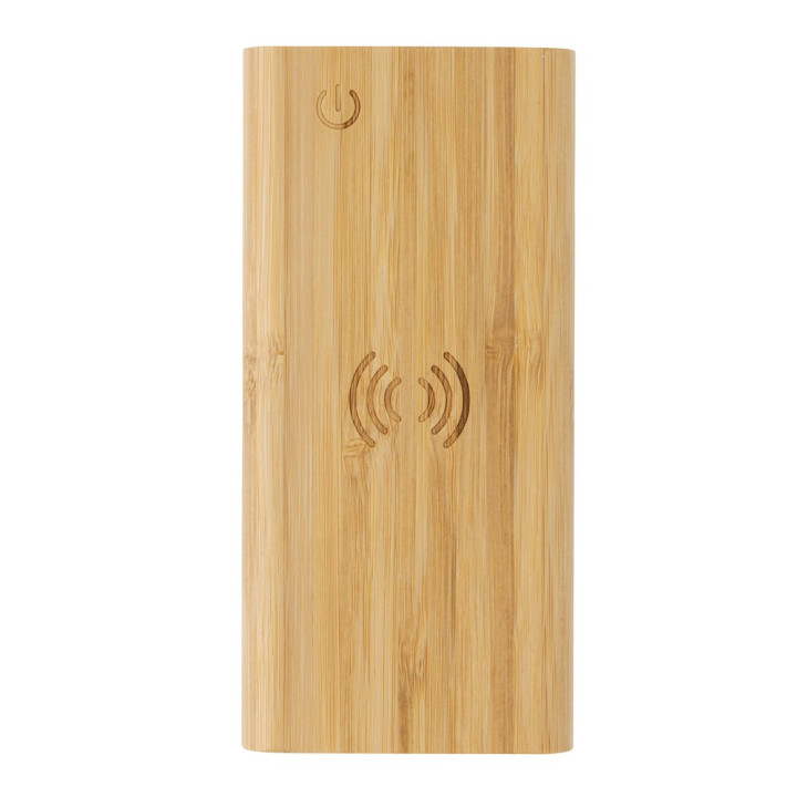 Bambusowy, bezprzewodowy power bank 8000 mAh, ładowarka bezprzewodowa 5W