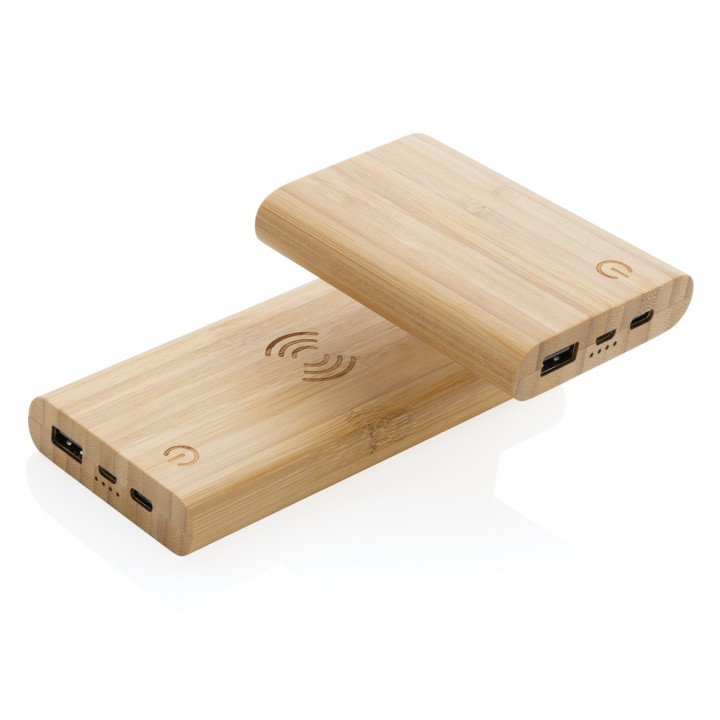 Bambusowy, bezprzewodowy power bank 8000 mAh, ładowarka bezprzewodowa 5W