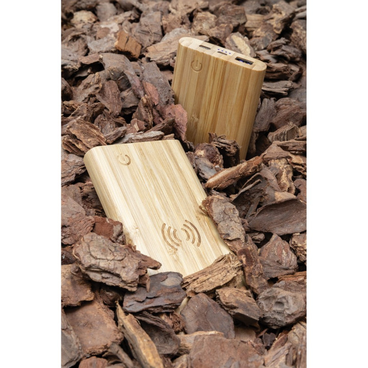 Bambusowy, bezprzewodowy power bank 8000 mAh, ładowarka bezprzewodowa 5W