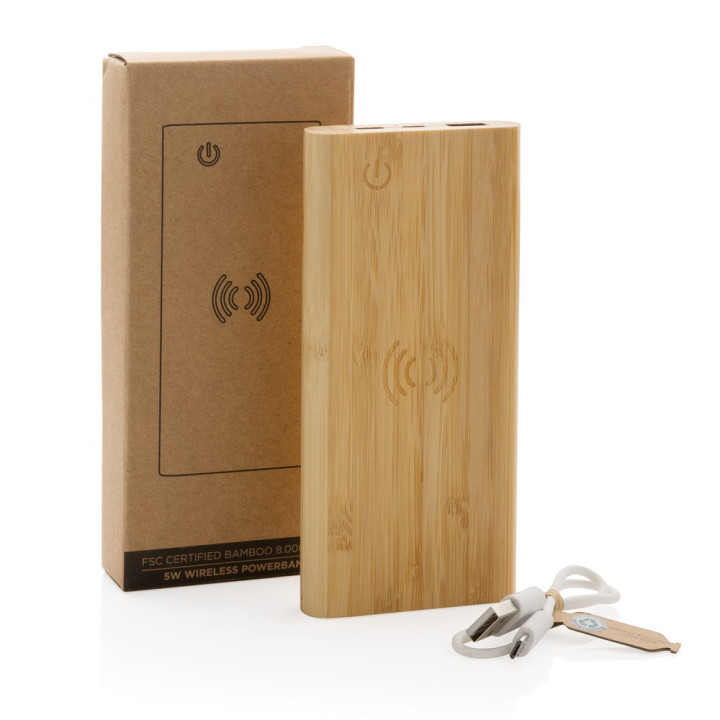 Bambusowy, bezprzewodowy power bank 8000 mAh, ładowarka bezprzewodowa 5W