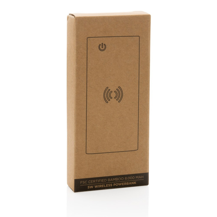 Bambusowy, bezprzewodowy power bank 8000 mAh, ładowarka bezprzewodowa 5W