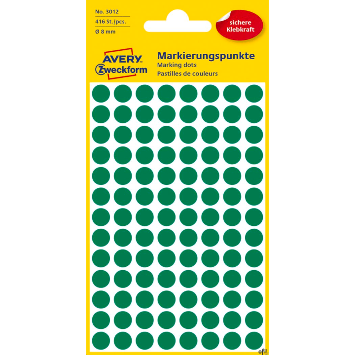 Kółka do zaznaczania zielone 3012 Q8 4ark. trwałe, Avery Zweckform