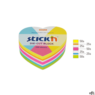 Notes serce, 64x67mm, mix 5 kol. neon+biały, 250kart. Stickn 21836