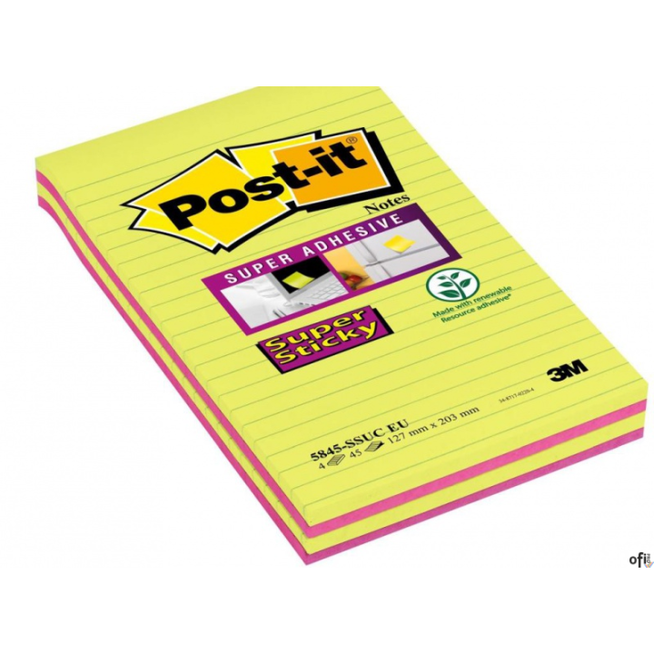 Bloczek samoprzylepny POST-IT_ Super Sticky w linie (5845- SSUC), 125x200mm, 4x45 kart., neonowe
