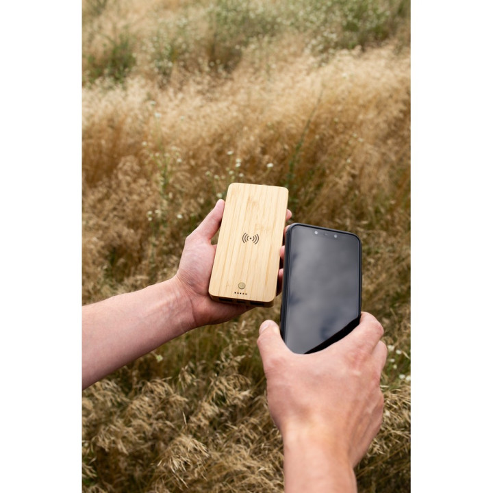 Bambusowy bezprzewodowy power bank 8000 mAh B'RIGHT, ładowarka bezprzewodowa 15W | Benson