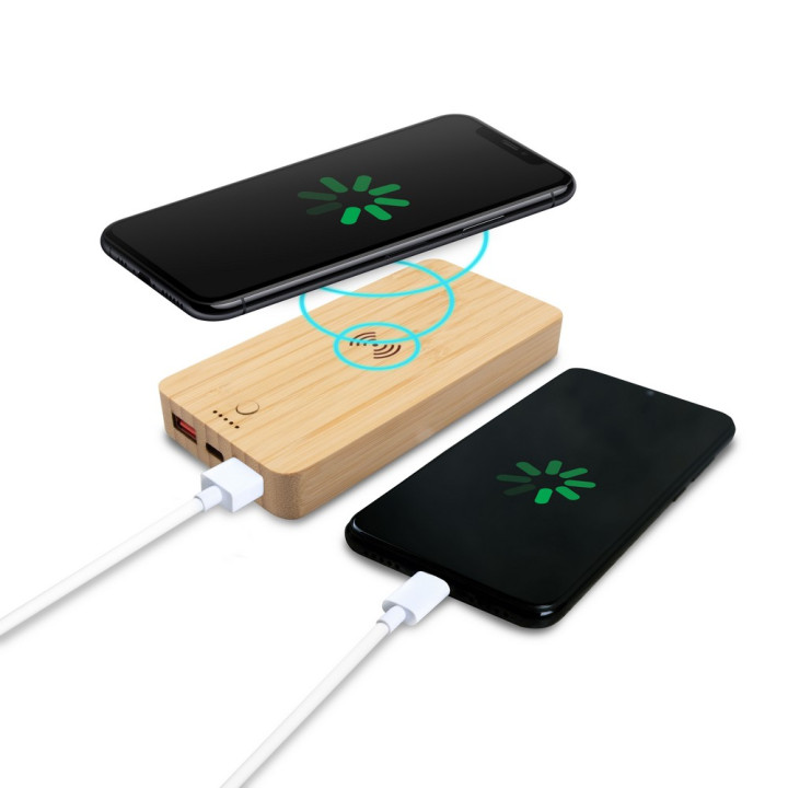 Bambusowy bezprzewodowy power bank 8000 mAh B'RIGHT, ładowarka bezprzewodowa 15W | Benson