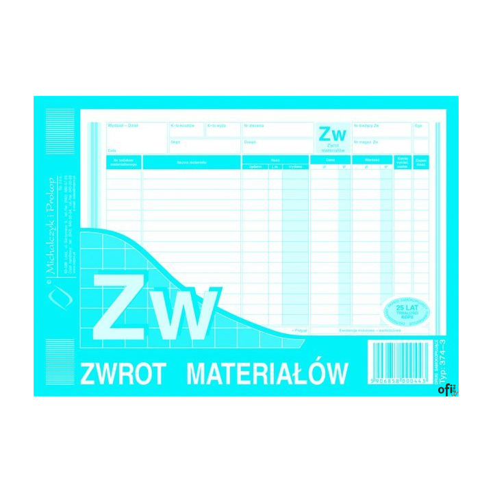 374-3 ZW Zwrot materiałów A5 wilokop.MICHALCZYK I PROKOP