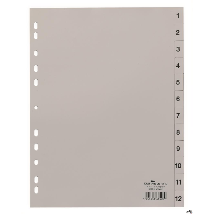 Przekładki PP A4 szare, nadr. indeks, 1-12, 1 0 części Szary 651210 DURABLE
