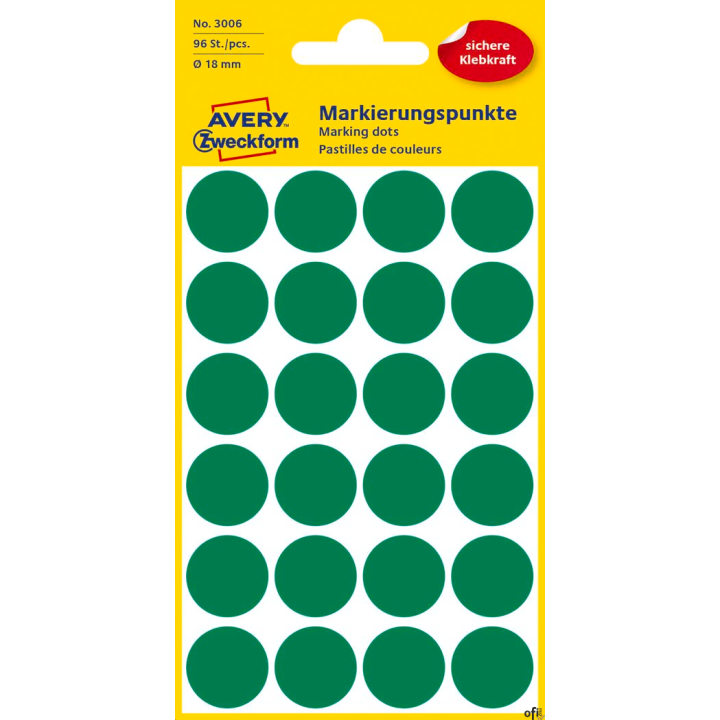 Kółka do zaznaczania kolorowe, 96 etyk./op., Q18 mm, zielone Avery Zweckform, 3006