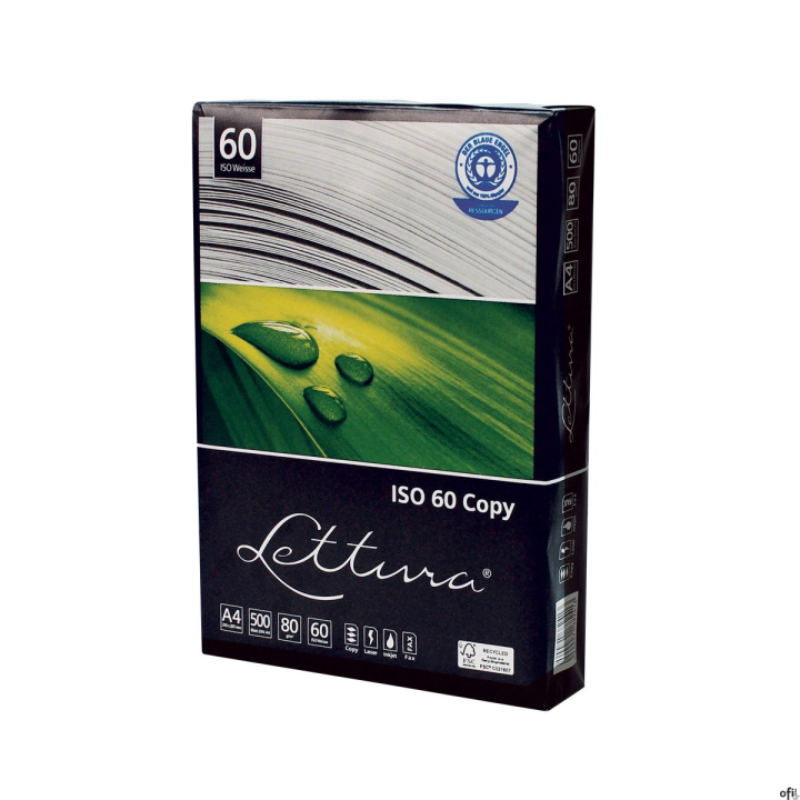 Papier xero A4 LETTURA, 80g, ISO60, ekologiczny, 100% recykling, karton 5 ryz