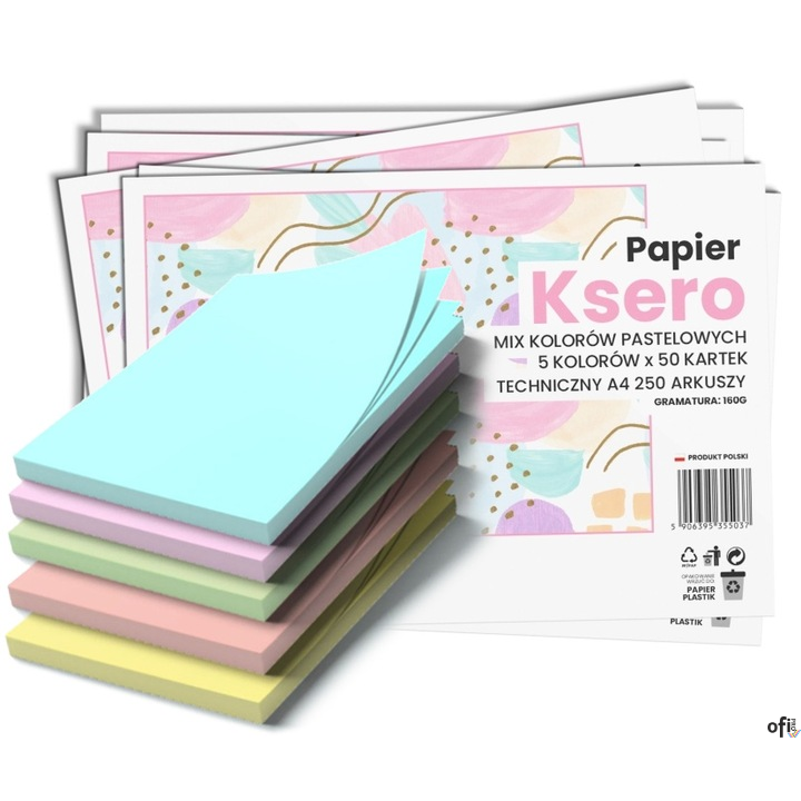 Papier xero A4 mix kolorów 160g (250 arkuszy) 5 kolorów pastelowych