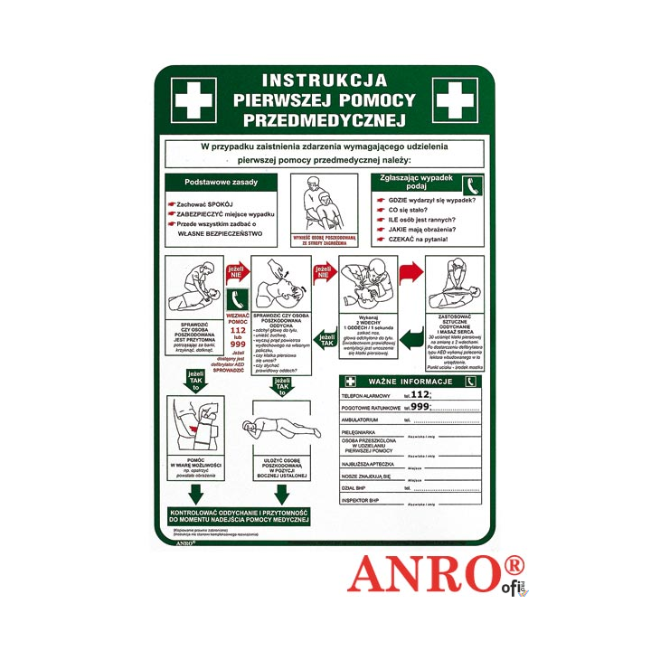 Tabliczka INSTRUKCJA UDZIELANIA PIERWSZEJ POMOCY PRZEDMEDYCZNEJ 250x350 PŁYTA PCV ZZ-IB13 ANRO