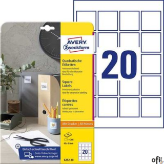 Etykiety o nietypowych kształtach, A4, 10 ark./op., 45x45 mm, kwadratowe, usuwalne, AVERY ZWECKFORM, 6252REV-10
