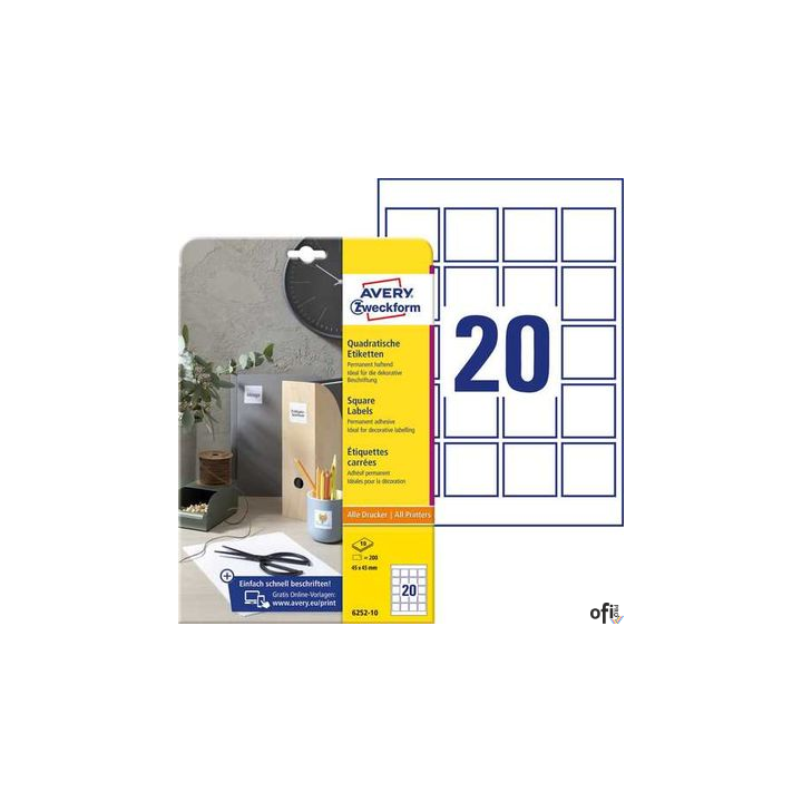 Etykiety o nietypowych kształtach, A4, 10 ark./op., 45x45 mm, kwadratowe, usuwalne, AVERY ZWECKFORM, 6252REV-10