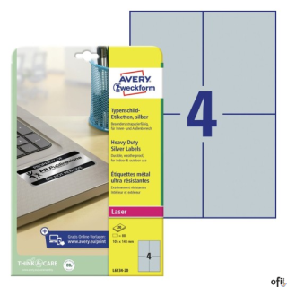 Etykiety znamionowe srebrne A4 do druku, Avery Zweckform Heavy Duty L6134-20
