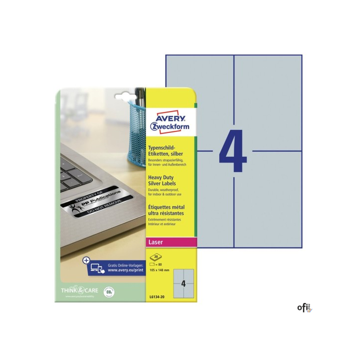 Etykiety znamionowe srebrne A4 do druku, Avery Zweckform Heavy Duty L6134-20