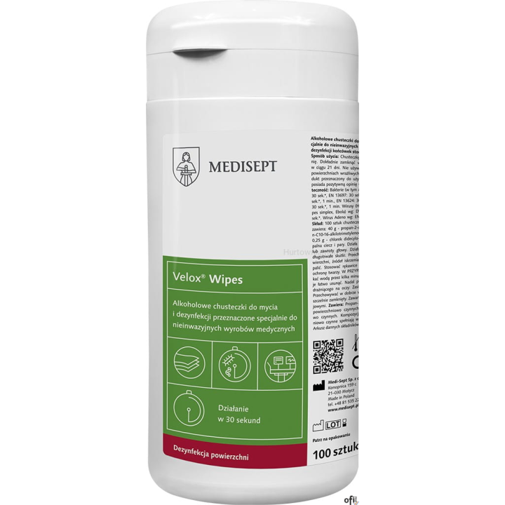 MEDISEPT VELOX WIPES Chusteczki na bazie alkoholu do szybkiej dezynfekcji powierzchni 100 sztuk
