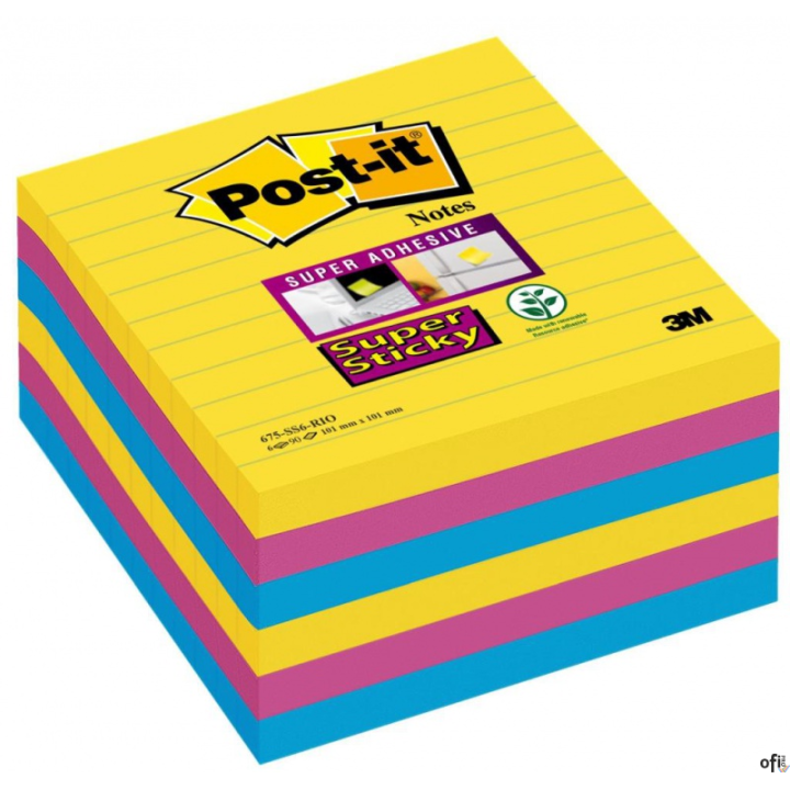 Bloczek samoprzylepny POST-IT Super Sticky w linie (675-SS6RIO-EU), 101x101mm, 6x90 kart., paleta Rio de Janeiro