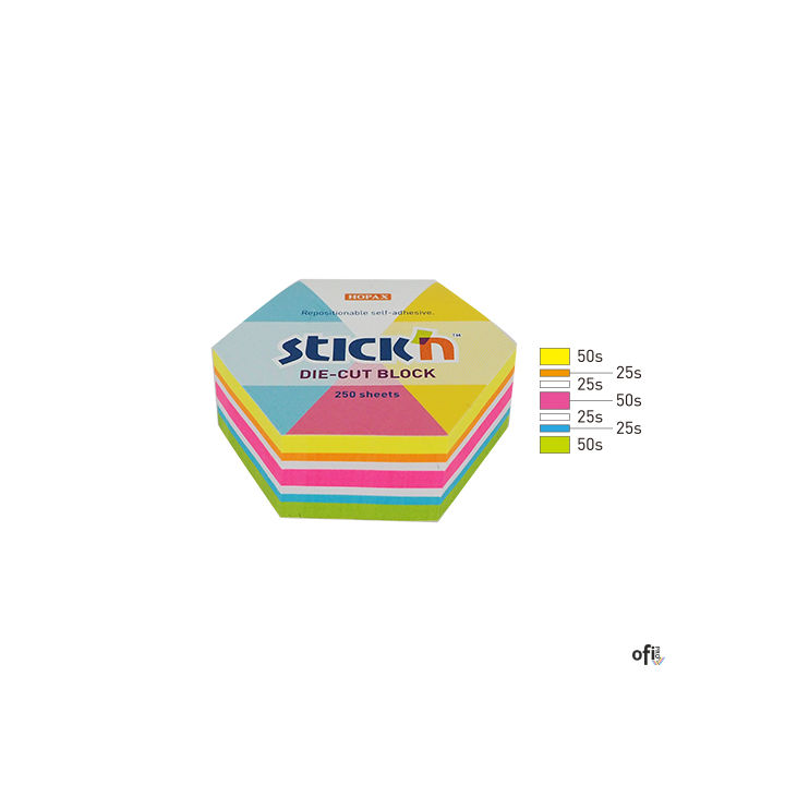 Notes sześciokąt, 61x70mm, mix 5 kol. neon+biały, 250kart. Stickn 21827