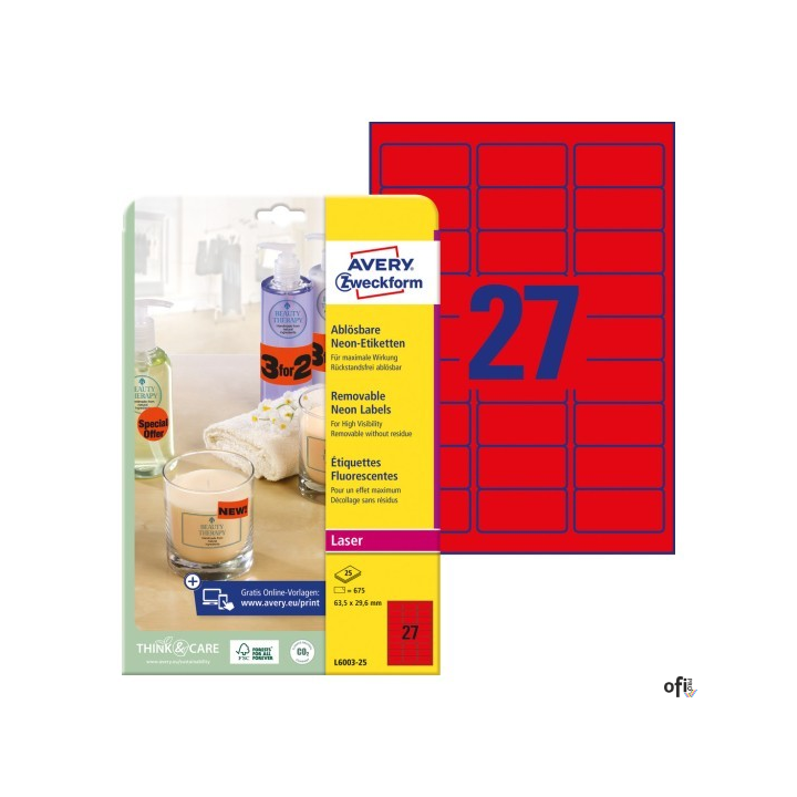 Etykiety neonowe, A4, 25 ark./op., 63,5 x 29,6 mm, czerwone neonowe, AVERY ZWECKFORM, L6003-25