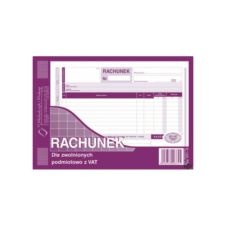 Rachunek dla zwolnionych podmiotowo z VAT (o+1k) 231-3 Michalczyk i Prokop