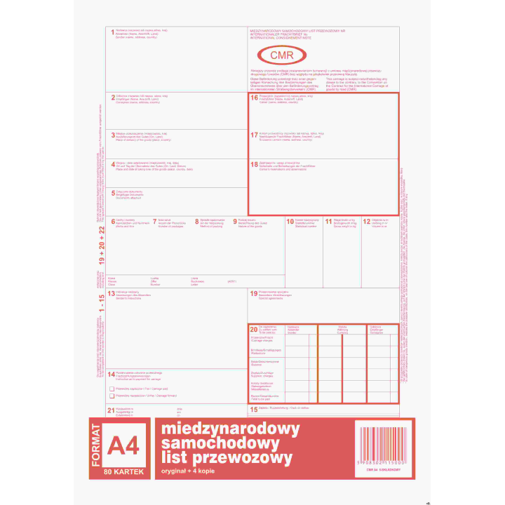 Numerowany międzynarodowy list przewozowy CMR, (1+4) A4 80 kartek, 10-800-2N DOTTS