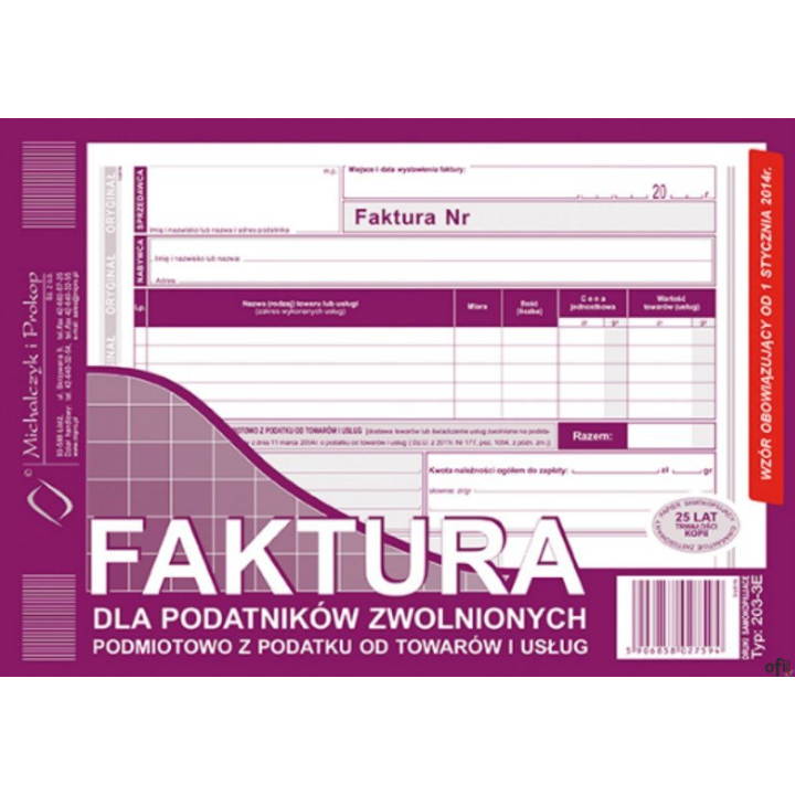 203-3E Faktura dla podatników zwolnionych z VAT A5 (o+1k) MICHALCZYK