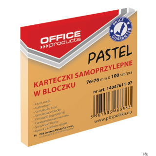 Bloczek samoprzylepny , 76x76mm, 1x100 kart., pastel, pomarańczowy, typu OFFICE PRODUCTS 14047611-07