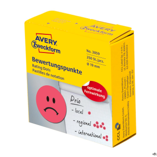 Kółka z symbolem Smutna buźka 3859 Q19 w rolce do zaznaczania, trwałe, 250 szt./rolka,czerwone, Avery Zweckform