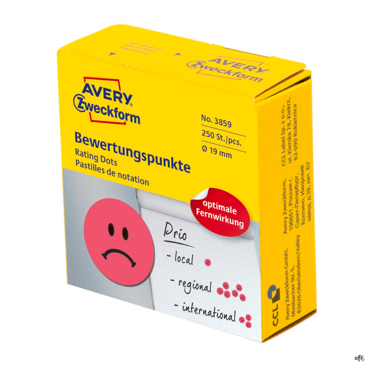 Kółka z symbolem Smutna buźka 3859 Q19 w rolce do zaznaczania, trwałe, 250 szt./rolka,czerwone, Avery Zweckform
