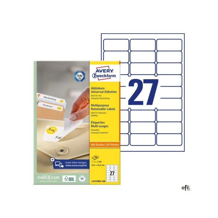 Usuwalne etykiety uniwersalne, A4, 100 ark./op., 63,5 x 29,6 mm, białe, AVERY ZWECKFORM, L4737REV-100