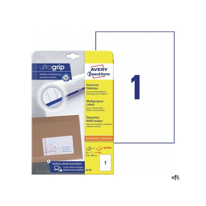 Trwałe etykiety uniwersalne 6119 210 x 297 30ark Avery Zweckform