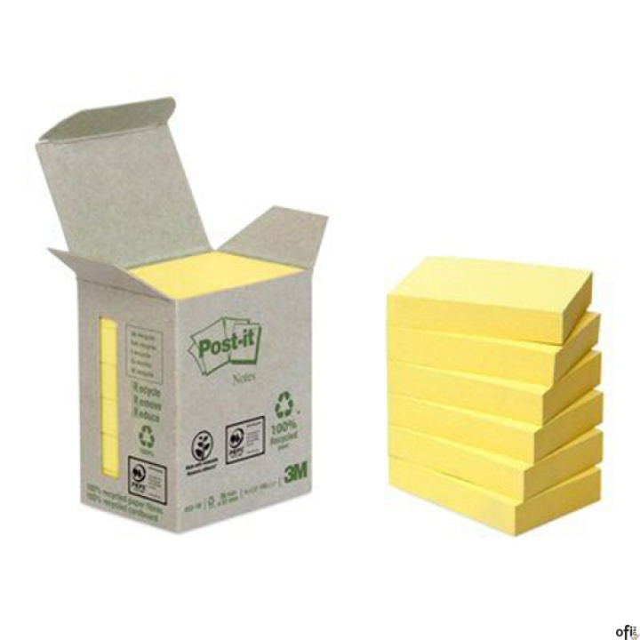 Ekologiczne karteczki samoprzylepne Post-it z certyfikatem PEFC Recycled, Żółte, 38x51mm, 6 bloczków po 100 karteczek,