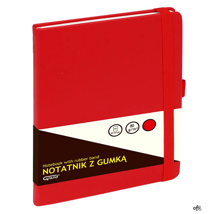 Notatnik GRAND z gumką A5/80 kartek, 80g/kratka, okładka czerwona, 150-1382