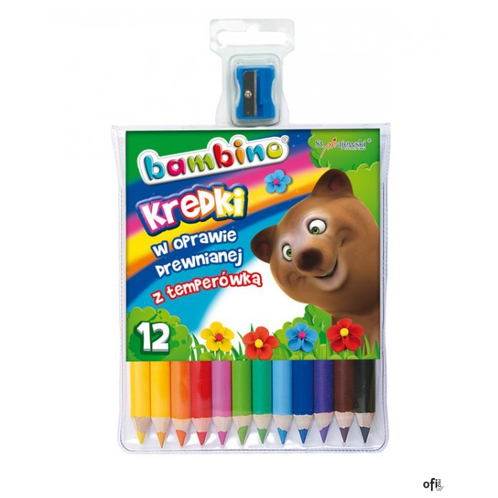 Kredki BAMBINO w drewnie 12 kolorów dł. 15cm+temperówka St.Majewski