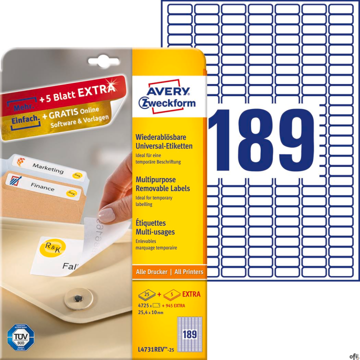 Etykiety uniwersalne L4731REV-25 25,4 x 10 30ark Usuwalne, Avery Zweckform