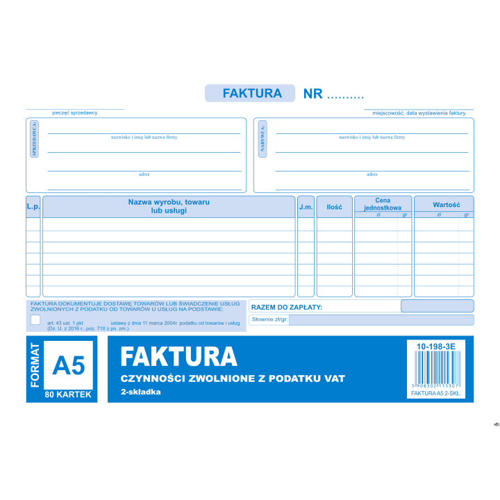 Faktura czynności zwolnione z podatku A5, 80 kartek (1+1), 10-198-3E DOTTS
