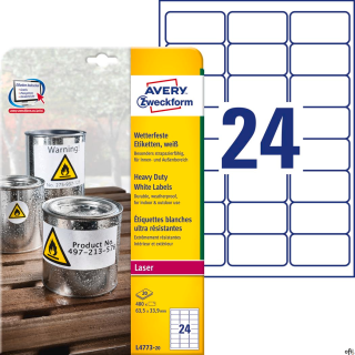 Etykiety Heavy Duty L4773-20 63,5 x 33,9 20 ark. trwałe, białe, poliestrowe, Avery Zweckform