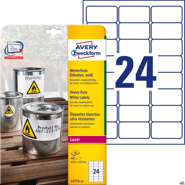 Etykiety Heavy Duty L4773-20 63,5 x 33,9 20 ark. trwałe, białe, poliestrowe, Avery Zweckform