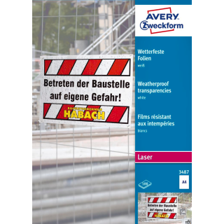 Folie do użytku zewnętrznego 3487 A4 100ark Białe, powlekane, grubość 0,12 mm, Avery Zweckform