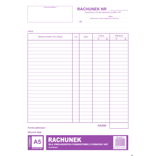 Rachunek dla zwolnionych podmiotowo z VAT A5, 80 kartek wielokopia, 10-223-3 DOTTS