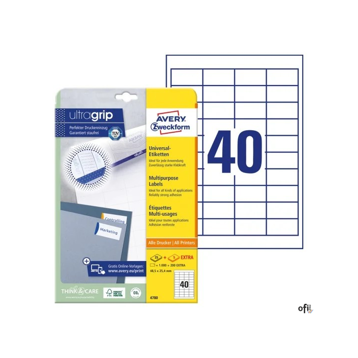 Trwałe etykiety uniwersalne 4780 48,5x25,4 30ark białe Avery Zweckform