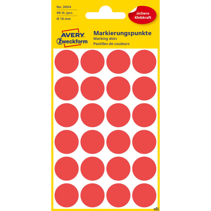 Kółka do zaznaczania kolorowe, 96 etyk./op., Q18 mm, czerwone Avery Zweckform, 3004