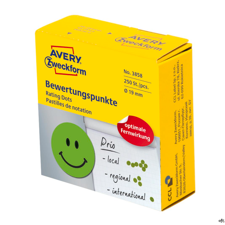 Kółka Uśmiechnięta buźka 3858 Q19 w rolce Kółka z symbolami do zaznaczania, trwałe, 250 szt. / rolka, zielone, Avery Z