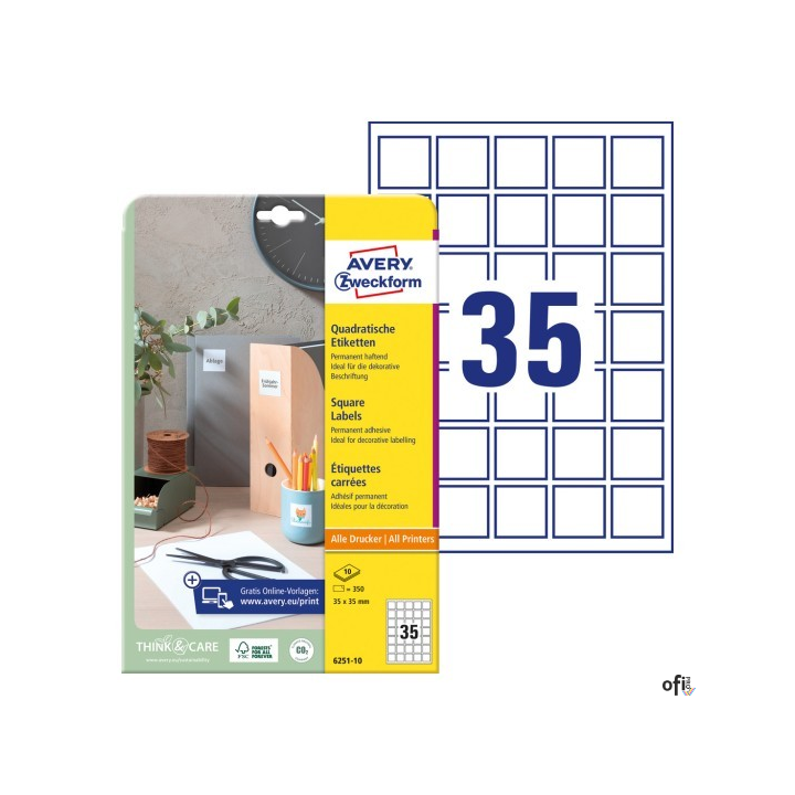 Etykiety o nietypowych kształtach, A4, 10 ark./op., 35x35 mm, kwadratowe, trwałe, AVERY ZWECKFORM, 6251.10.01